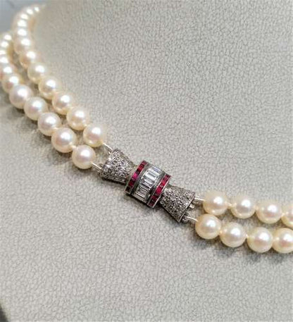 Vintage Akoya Pearl Necklace with Diamond and Ruby Clasp