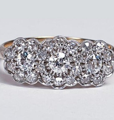 Antique Edwardian Triple Cluster Old Cut Diamond Ring