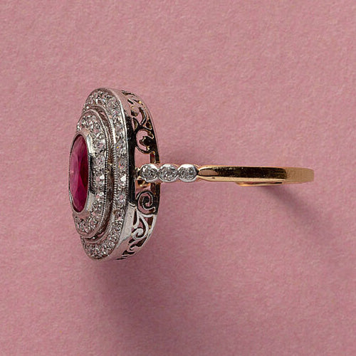 Antique Edwardian Burma Ruby and Double Diamond Cluster Ring