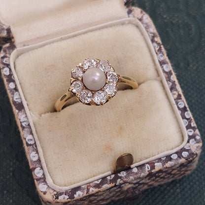 Vintage Natural Pearl and Diamond Cluster Ring