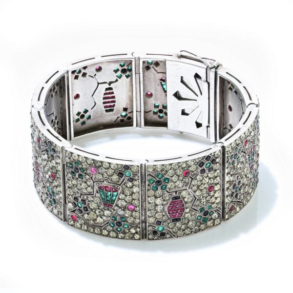 Art Deco Silver Panel Bracelet with Rubies, Emeralds, Sapphires and Paste