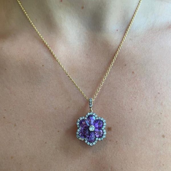 On Model Antique Victorian Amethyst Diamond Flower Pendant Brooch