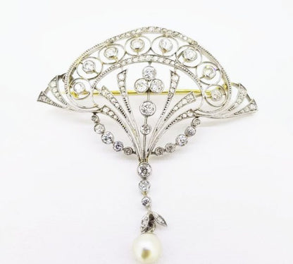 Art Nouveau Natural Pearl and Diamond Brooch, Platinum and Gold