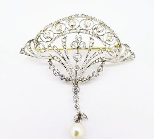 Art Nouveau Natural Pearl and Diamond Brooch, Platinum and Gold