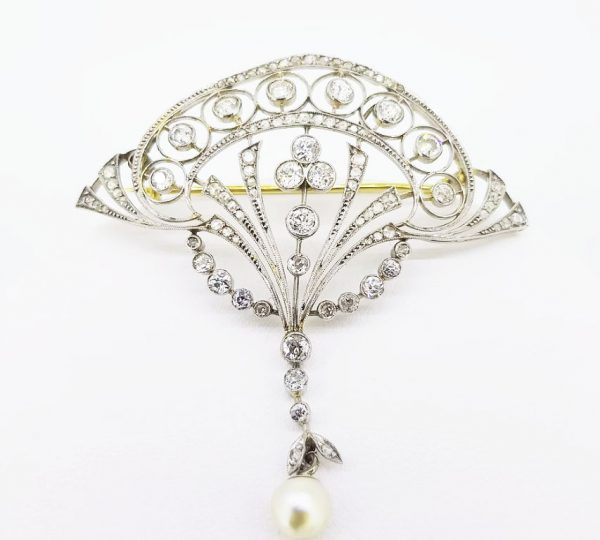 Art Nouveau Natural Pearl and Diamond Brooch, Platinum and Gold