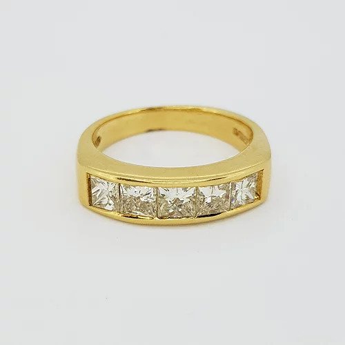 Princess Cut Diamond Five Stone Ring, 1.60 carats, featuring five princess cut diamonds channel set into 18ct yellow gold