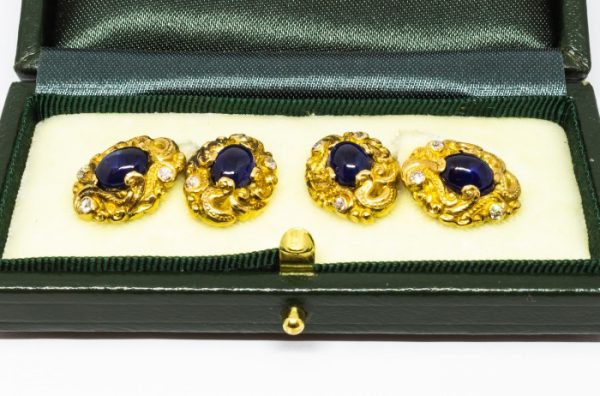 Sapphire and Diamond Carved Gold Cufflinks