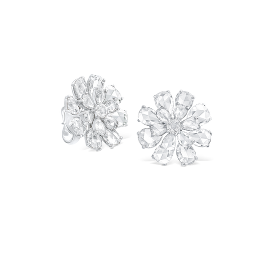Rose Cut Diamond Floral Cluster Stud Earrings; set with 8.17 carats of pear and high dome-shaped rose-cut diamonds, in 18ct white gold