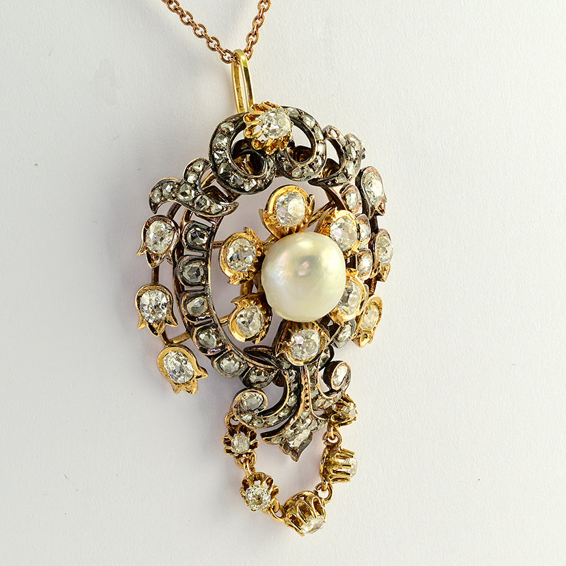 Victorian Antique 4.90ct Old Cut Diamond and Natural Pearl Pendant