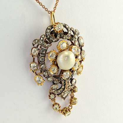 Victorian Antique 4.90ct Old Cut Diamond and Natural Pearl Pendant
