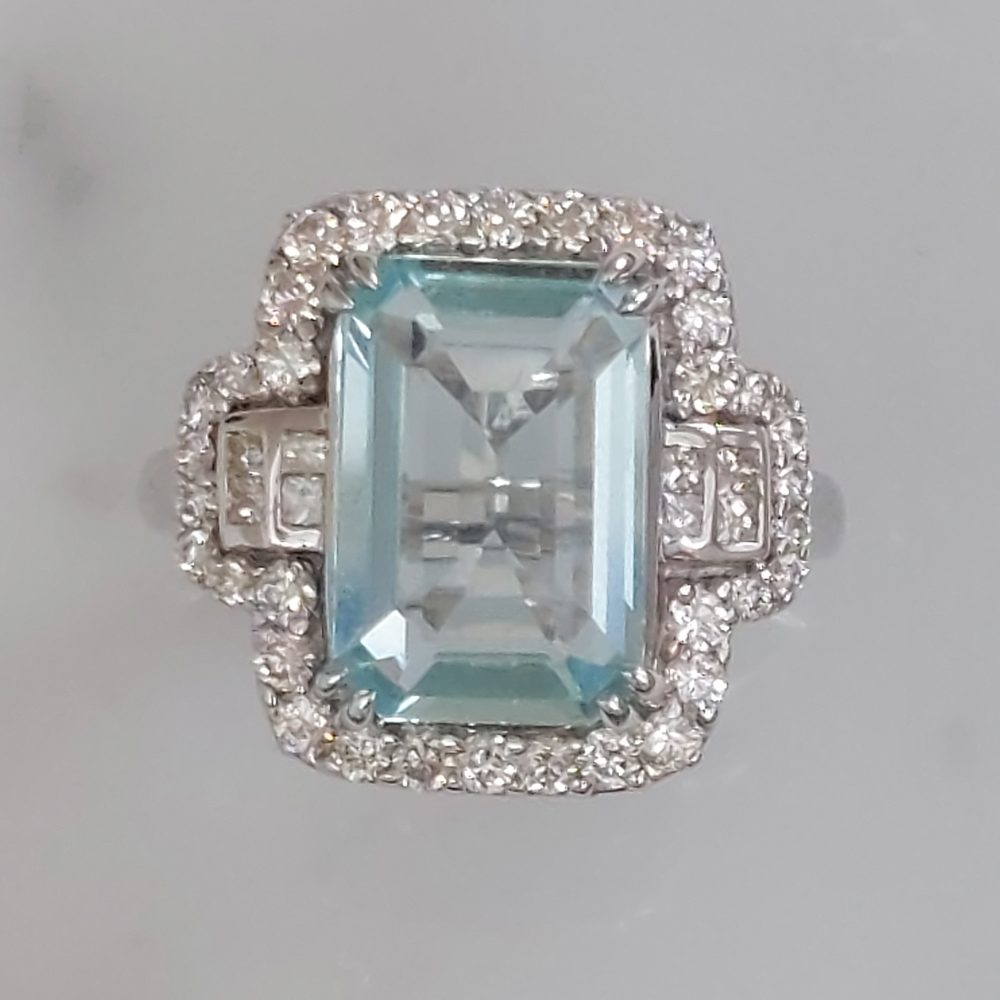 Aquamarine and Diamond Cluster Dress Ring with Princess Cut Diamond Shoulders