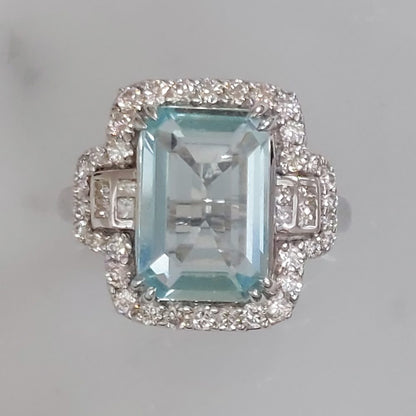 Aquamarine and Diamond Cluster Dress Ring with Princess Cut Diamond Shoulders