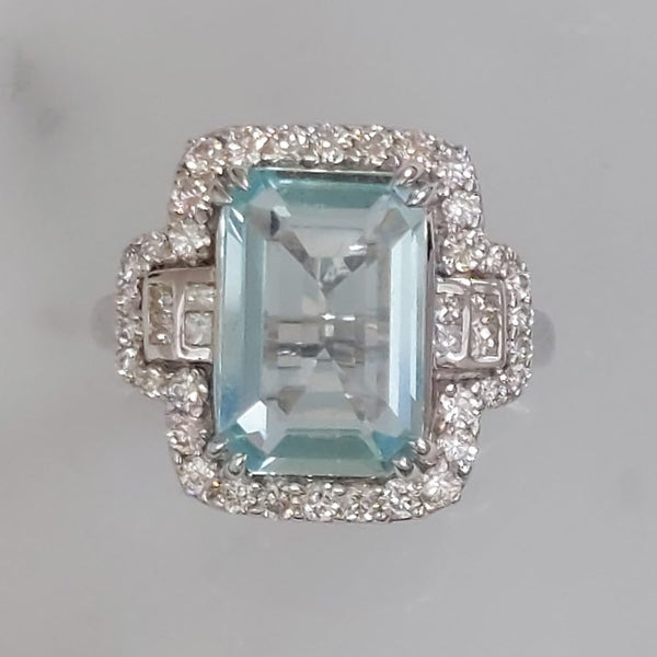 Aquamarine and Diamond Cluster Dress Ring with Princess Cut Diamond Shoulders