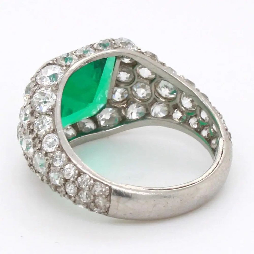 Art Deco Certified 2.85ct Natural No Oil Colombian Emerald and Old Cut Diamond Dress Ring