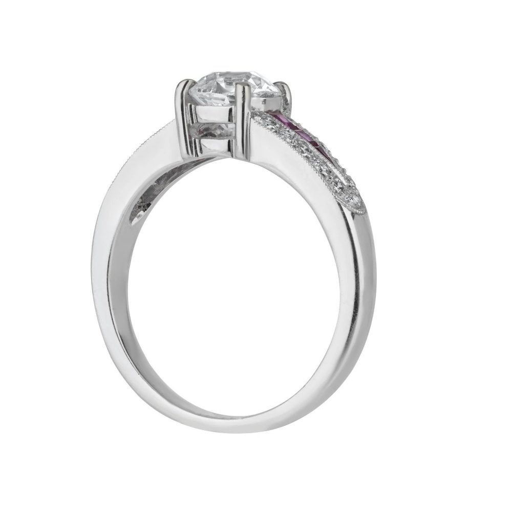 0.97ct Old Cut Diamond Ring with Ruby and Diamond Shoulders