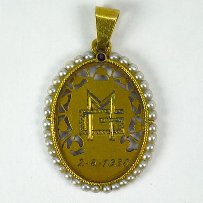 Vintage French 18ct Yellow Gold Virgin Mary Pendant with Pearls