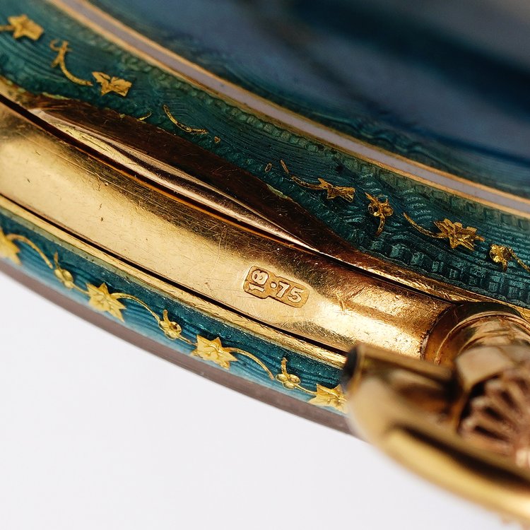 Vintage 1940s Gold and Guilloche Enamel Pendant Pocket Watch with Necklace