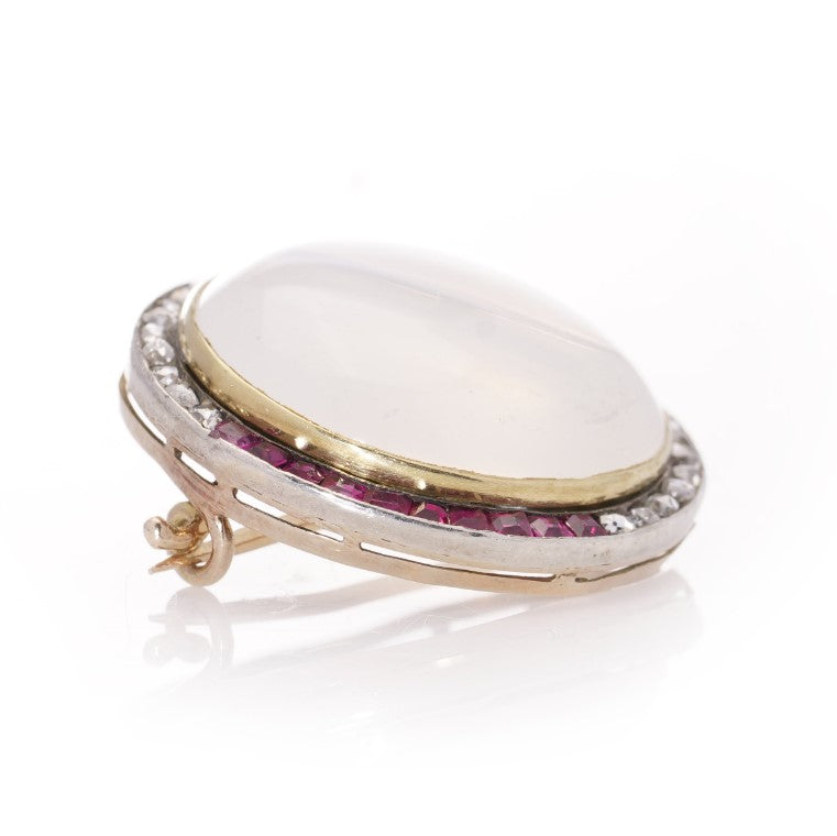 Antique Edwardian Cabochon Moonstone Ruby and Rose Cut Diamond Cluster Brooch