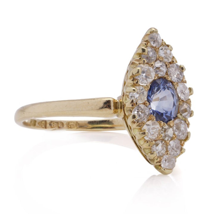 Edwardian Antique Sapphire and Old European Cut Diamond Marquise Cluster Ring