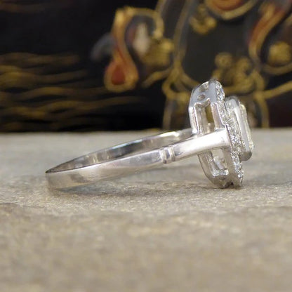 Art Deco Inspired 1ct Emerald Cut Diamond Cluster Ring in Platinum, 1.50 carat total