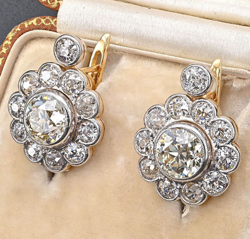 Edwardian Antique 6.40ct Old Cut Diamond Cluster Drop Earrings