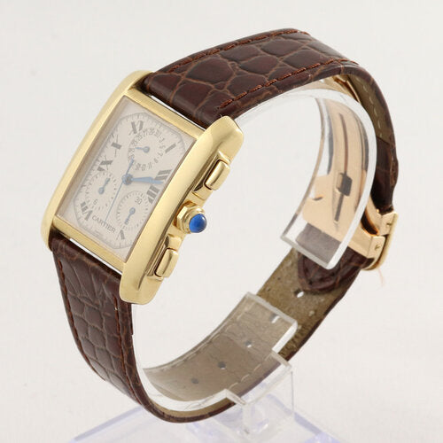 Cartier Tank Francaise Chronograph 18ct Yellow Gold 28mm Wrist Watch, white dial, Roman numerals, sapphire cabochon crown, Quartz movement, brown leather strap with Cartier 18ct deployant buckle.