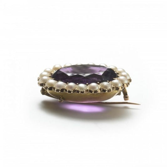 Antique Victorian Amethyst and Pearl Oval Cluster Brooch in 15ct Gold
