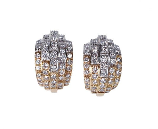 Contemporary Diamond Earrings; featuring 4 carats of brilliant cut diamonds set in geometric stepped lines, set in 18ct white and yellow gold
