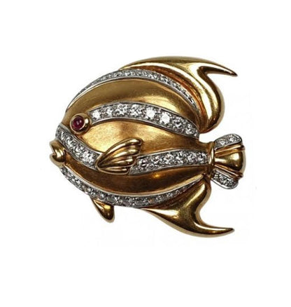 Tiffany and Co 18ct Yellow Gold Tropical Fish Brooch with four graduating diamond highlights and a cabochon ruby eye. Circa 1991