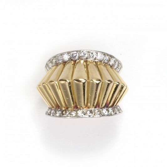 Vintage 1940s French Fluted Gold and Diamond Ring; raised fluted yellow gold row flanked either side by platinum edges set with a row of round brilliant-cut diamonds, 1.10 carat total