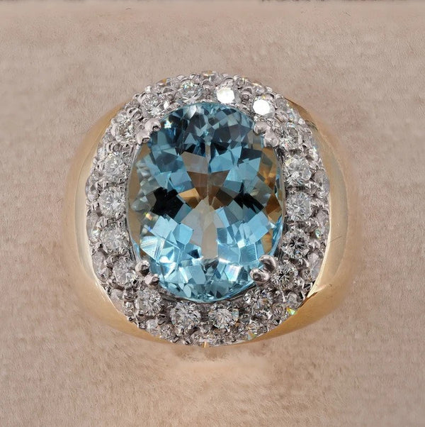 Vintage 1940s Retro 6.20ct Aquamarine and Double Diamond Cluster Dress Ring
