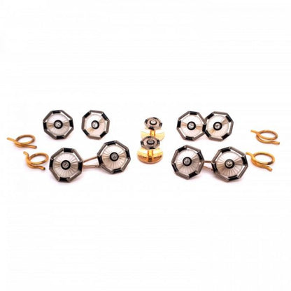 Antique Edwardian Old Cut Diamond, Rock Crystal, Onyx and Enamel Dress Set in platinum and gold; consisting of four buttons with separate split rings, a pair of cufflinks with white gold carabiner links and a pair of shirt studs, with screw fittings. Circa 1910. Stamped 18, with invoice number 176/10. Comes in an original Finnigans of New Bonds Street fitted case