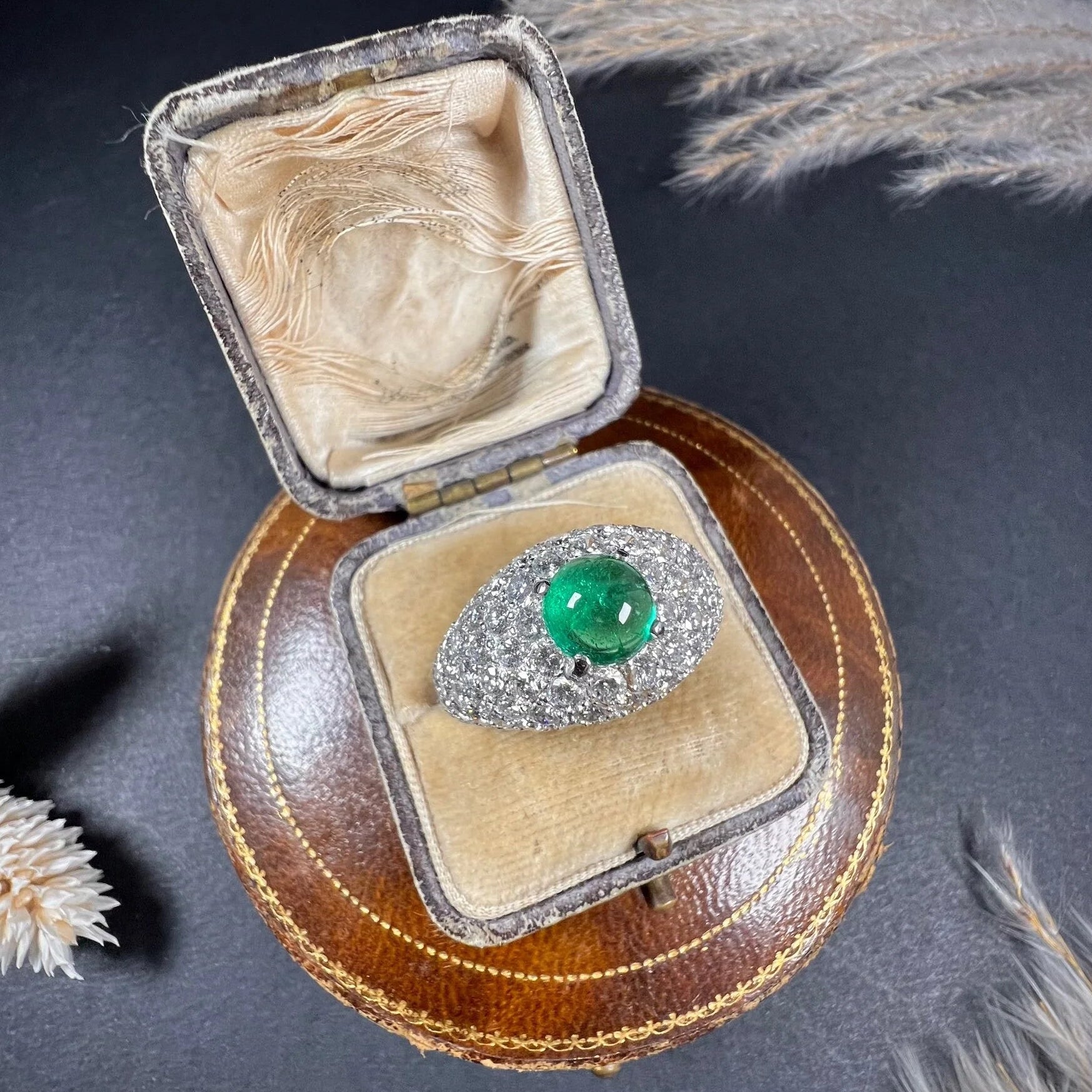 Vintage French Cabochon Emerald and Diamond Cluster Bombe Ring, Circa 1940s