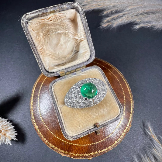 Vintage French Cabochon Emerald and Diamond Cluster Bombe Ring, Circa 1940s