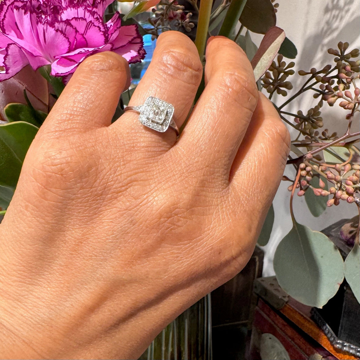 Peruzzi Cut Diamond and Platinum Square Halo Cluster Ring, 0.90 Carat
