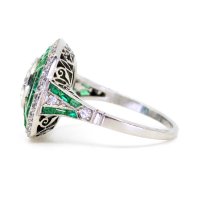 Diamond, Emerald, Platinum Ring Traget Art Deco style