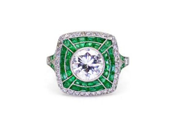 Art Deco style emerald and diamond target ring