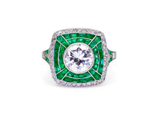 Art Deco style emerald and diamond target ring