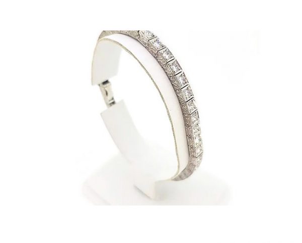 Vintage Ornately Engraved Diamond Line Bracelet, 4.50 carat total, in 18ct white gold