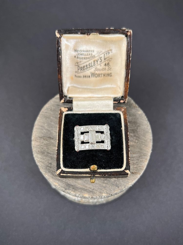 Vintage Diamond And Ruby Buckle Style Cocktail Ring In Platinum