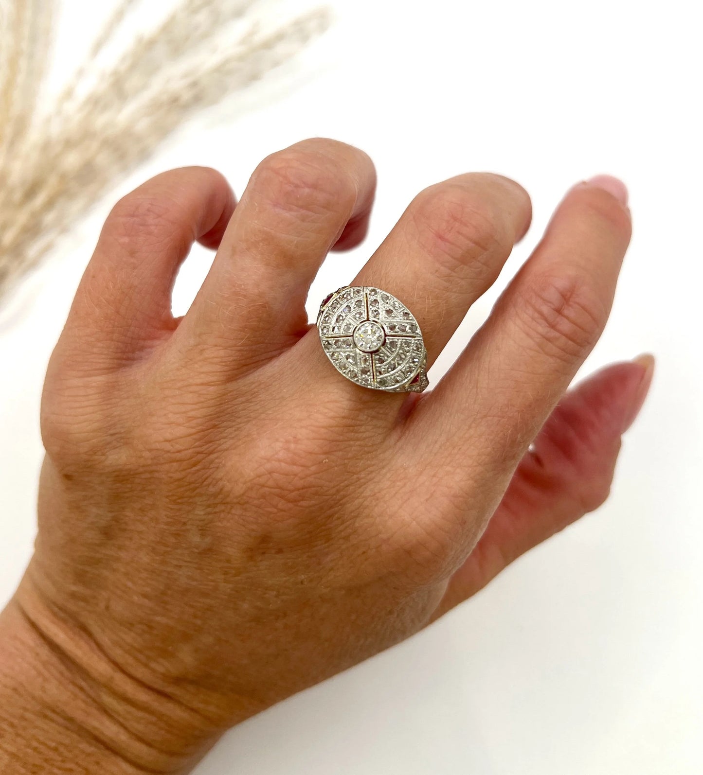 Antique 18 Carat Gold, Platinum, Diamond and Ruby Bombé Ring, Circa 1910
