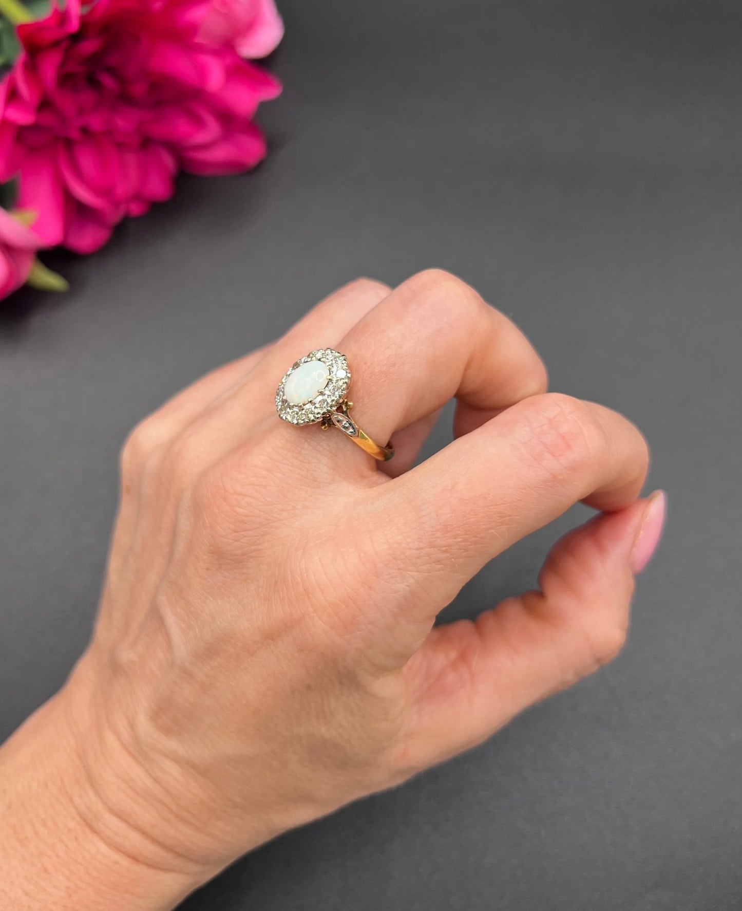 Vintage 18 Carat Yellow Gold Opal and Diamond Oval Cluster Ring, Hallmarked 1963