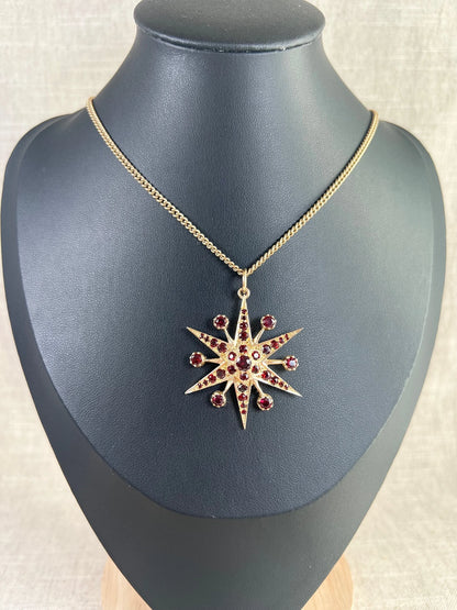 Vintage 9ct Gold Stamped, 1960s Garnet Starburst Pendant