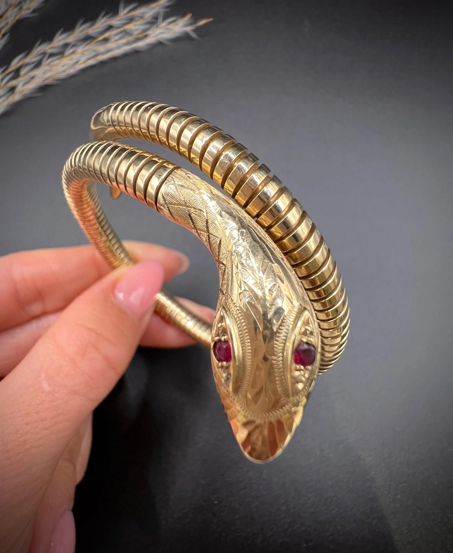 Vintage 9 Carat Yellow Gold Ruby Snake Adjustable Bracelet, Circa 1970