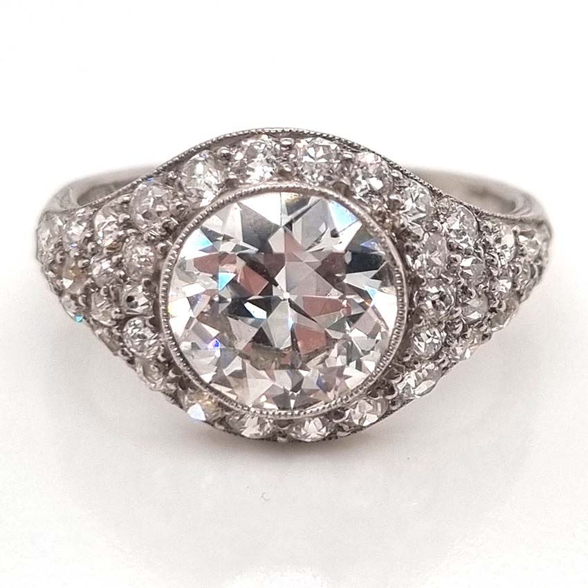 Art Deco 2.8ct Diamond Bombe Cluster Ring, 2.8ct old European transitional cut diamond in single-cut diamond encrusted domed surround in platinum