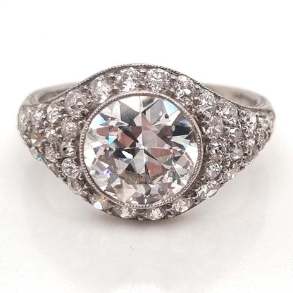 Art Deco 2.8ct Diamond Bombe Cluster Ring, 2.8ct old European transitional cut diamond in single-cut diamond encrusted domed surround in platinum