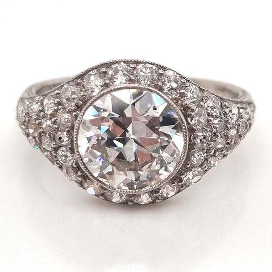 Art Deco 2.8ct Diamond Bombe Cluster Ring, 2.8ct old European transitional cut diamond in single-cut diamond encrusted domed surround in platinum
