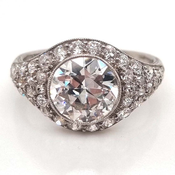 Art Deco 2.8ct Diamond Bombe Cluster Ring, 2.8ct old European transitional cut diamond in single-cut diamond encrusted domed surround in platinum