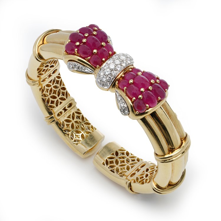 Italian 18ct Yellow Gold Bangle with Burma Ruby and Diamond Bow