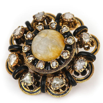 Antique Victorian Man in Moon Feldspar Diamond Enamel Brooch